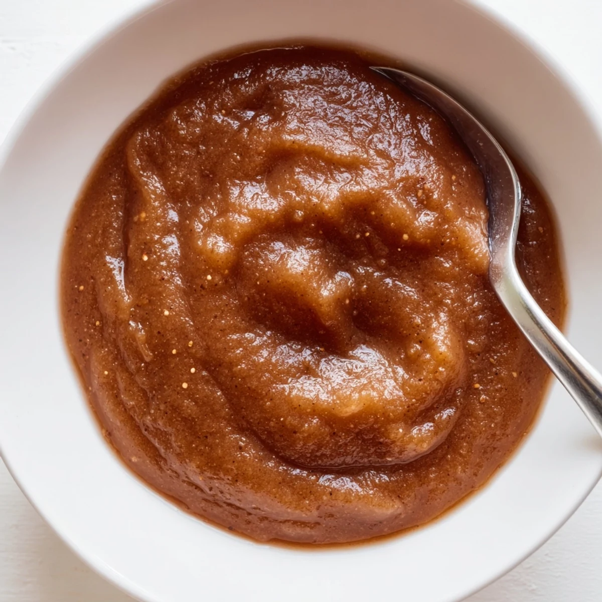 Thick, amber spiced apple butter with cloves in a jar, topped with whole cloves and served with bread.