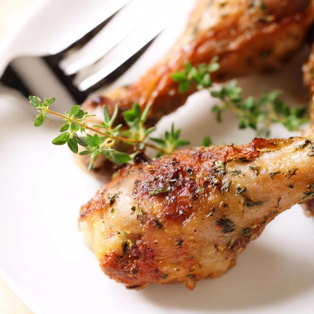 Golden brown Herb Roasted Turkey Drumsticks with crispy skin sit beside fresh rosemary sprigs and lemon slices on a rustic platter.