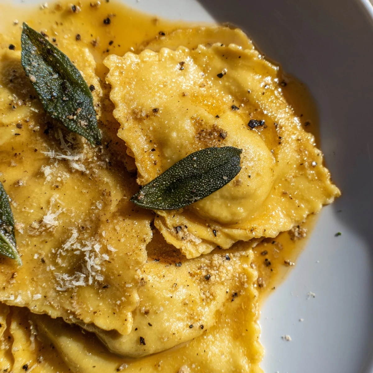 Fork holding a bite of Butternut Squash Ravioli with Sage Butter, revealing creamy ricotta and herbs.