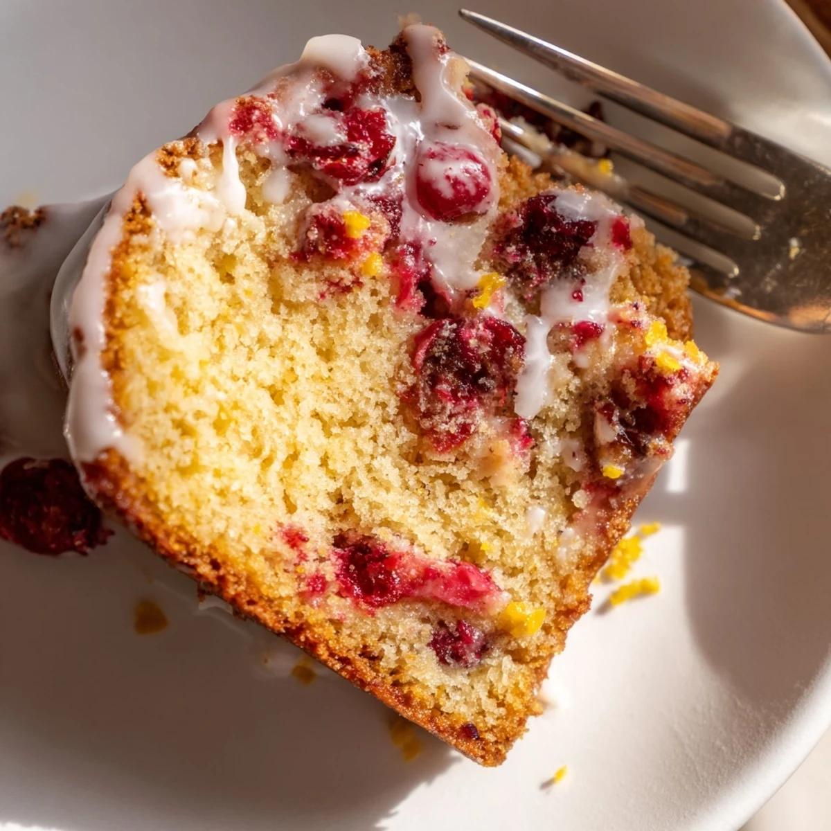 Glazed Cranberry Orange Bundt Cake slice reveals tart cranberries and a moist crumb on a white plate.