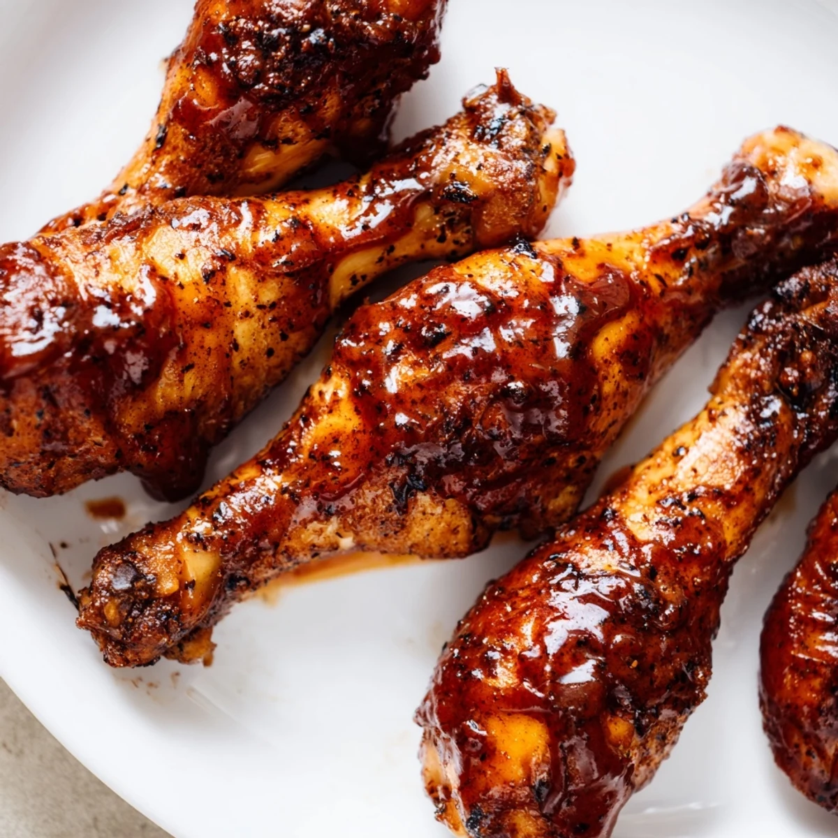 Oven-baked chicken drumsticks glistening with a smoky BBQ glaze on a wire rack.