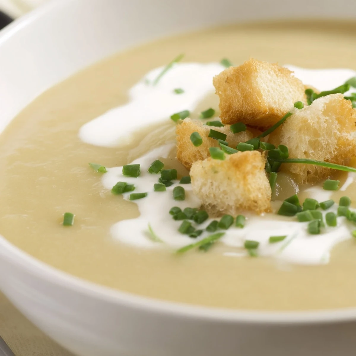 Creamy Potato Soup with Leeks in a rustic bowl, topped with fresh chives and croutons. 