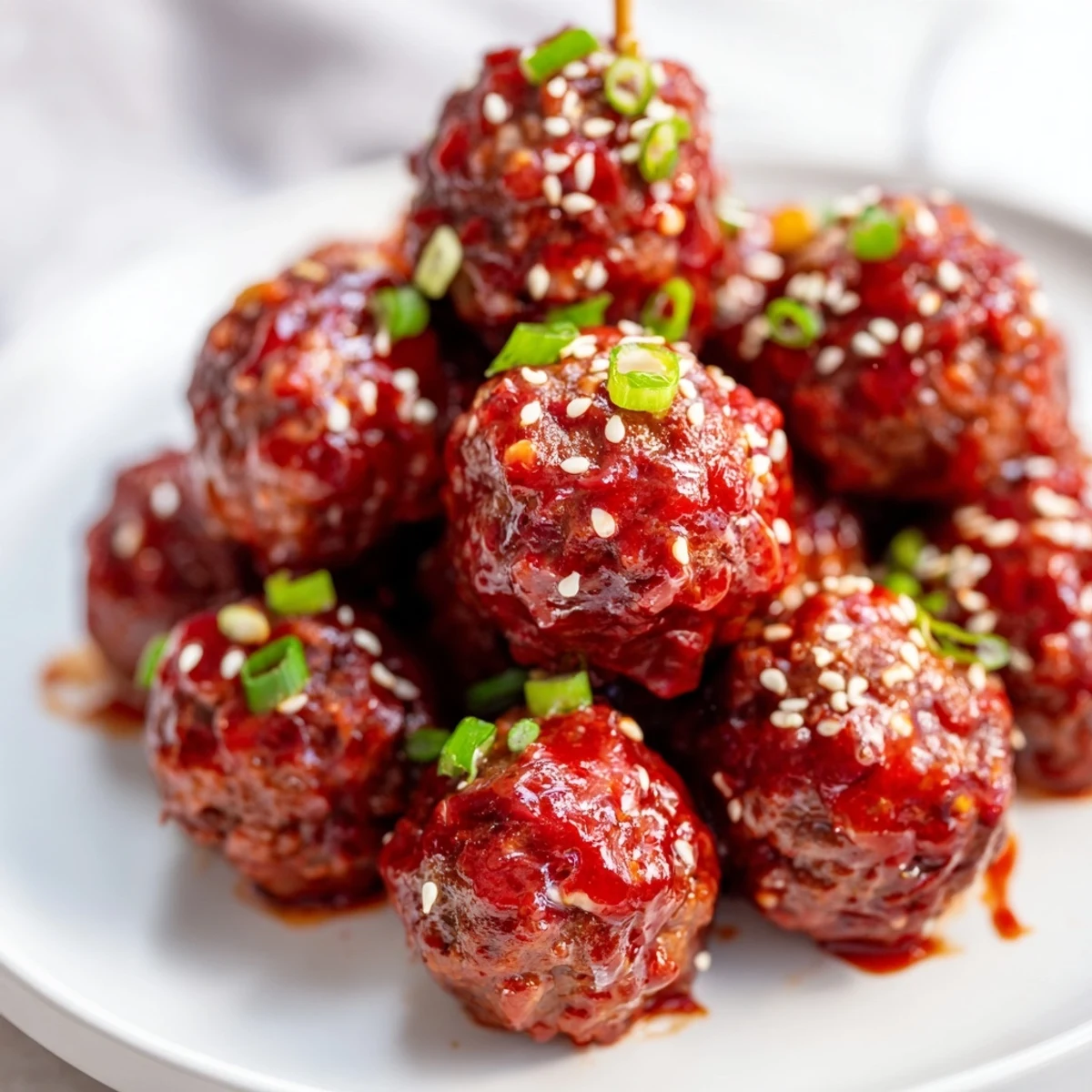 Fresh green onion and sesame seeds garnish these saucy Spicy Sriracha Beef Meatballs.