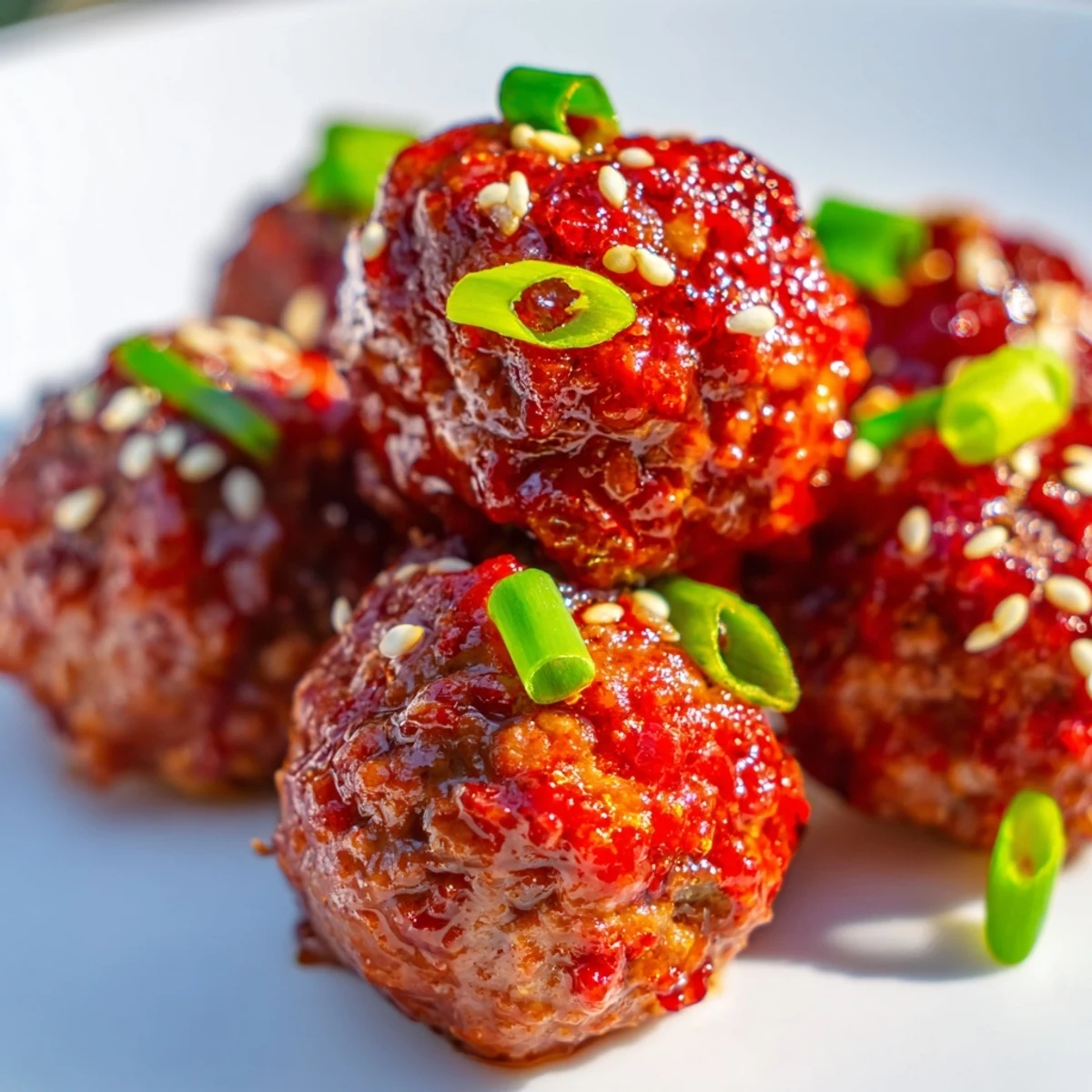 Savory Spicy Sriracha Beef Meatballs served over steamed white rice for dinner.