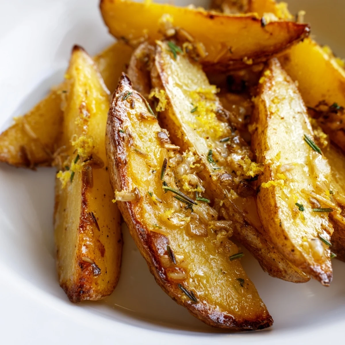 Crispy roasted Lemon Potatoes with Rosemary fresh from the oven, garnished with parsley.