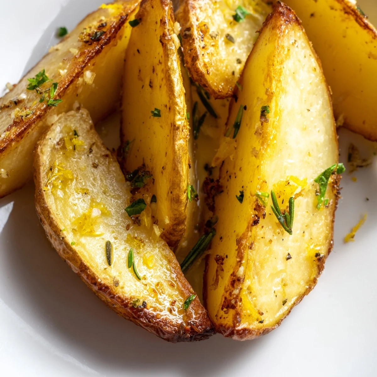 Baked Yukon Gold potatoes with lemon and rosemary, served on a white platter.