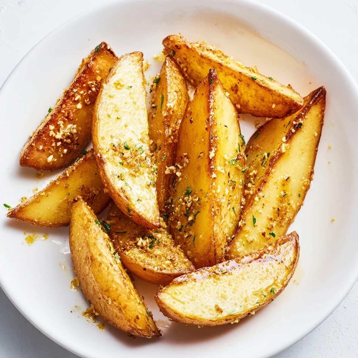 Golden potato wedges with crispy edges glazed in a lemon and rosemary marinade.