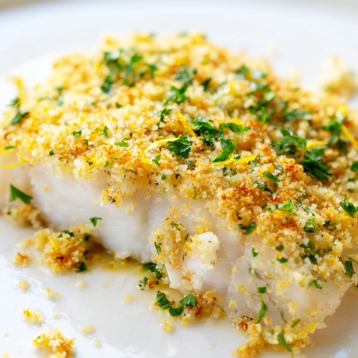 Golden-brown Baked Haddock with Breadcrumbs fresh from the oven, featuring crispy herbed topping on tender white fish fillets.