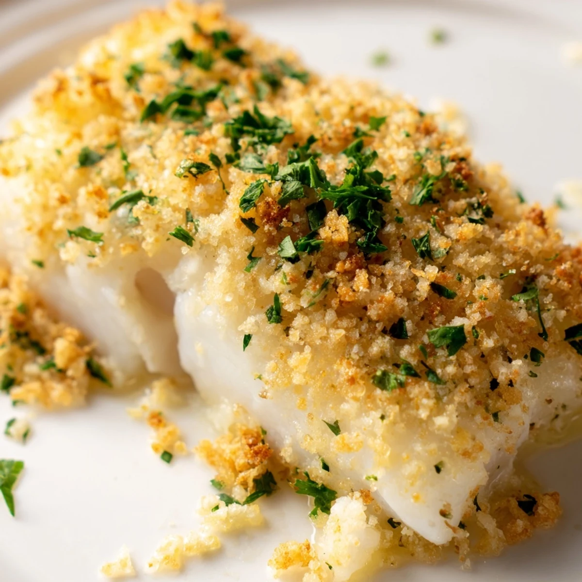 Baked Haddock with Breadcrumbs plated with lemon wedges and fresh parsley, perfect for an easy weeknight dinner.
