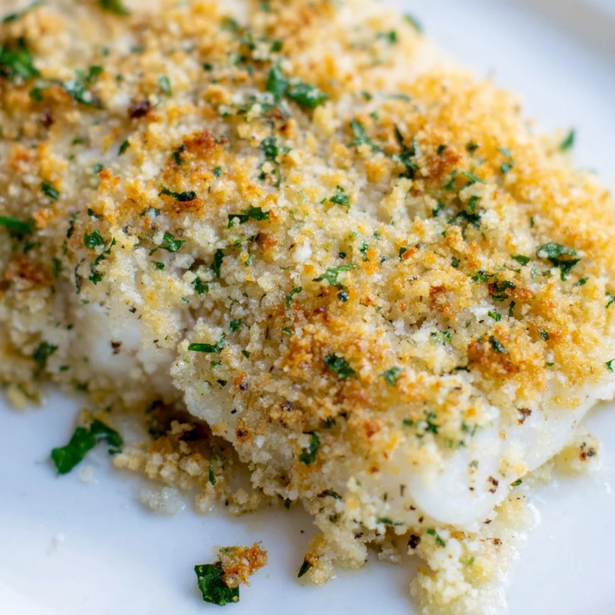 Juicy Baked Haddock with Breadcrumbs served alongside roasted potatoes and green beans on a rustic dinner table.