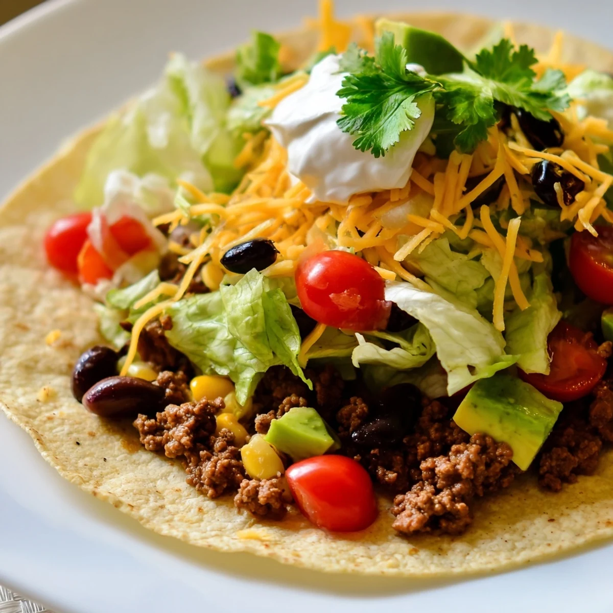 Freshly baked tortilla bowl holding warm taco beef, romaine lettuce, tomatoes, and a dollop of sour cream.