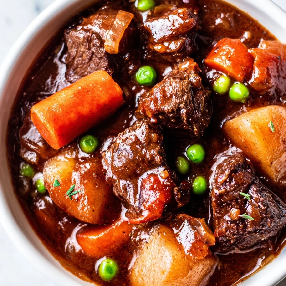 Close-up of a warm bowl of Slow Cooker Beef Stew, featuring tender beef chunks, diced potatoes, carrots, and peas in a rich, savory broth.