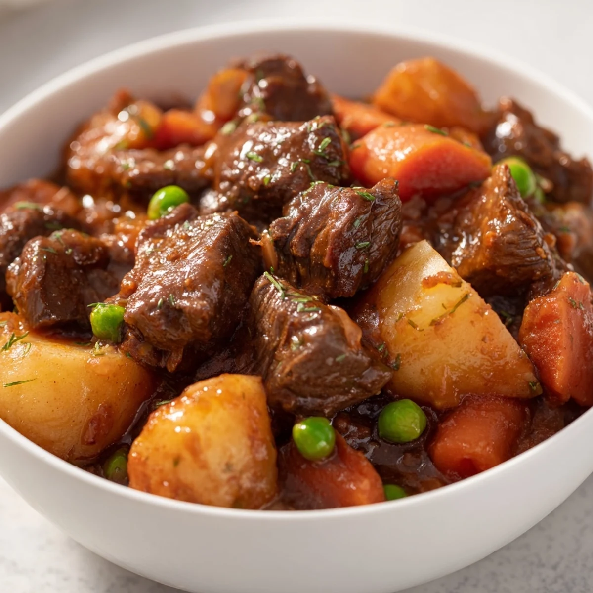 Serving suggestion for Slow Cooker Beef Stew in a rustic bowl, garnished with fresh herbs and paired with a side of crusty bread.