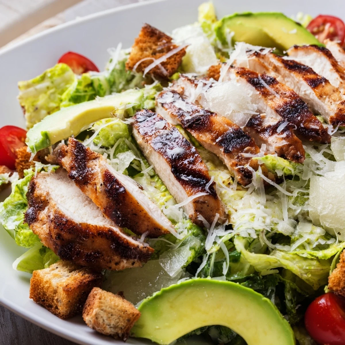 A vibrant Chicken Caesar Salad plated with grilled chicken, avocado, tomatoes, and grated Parmesan, ready to serve with dressing.