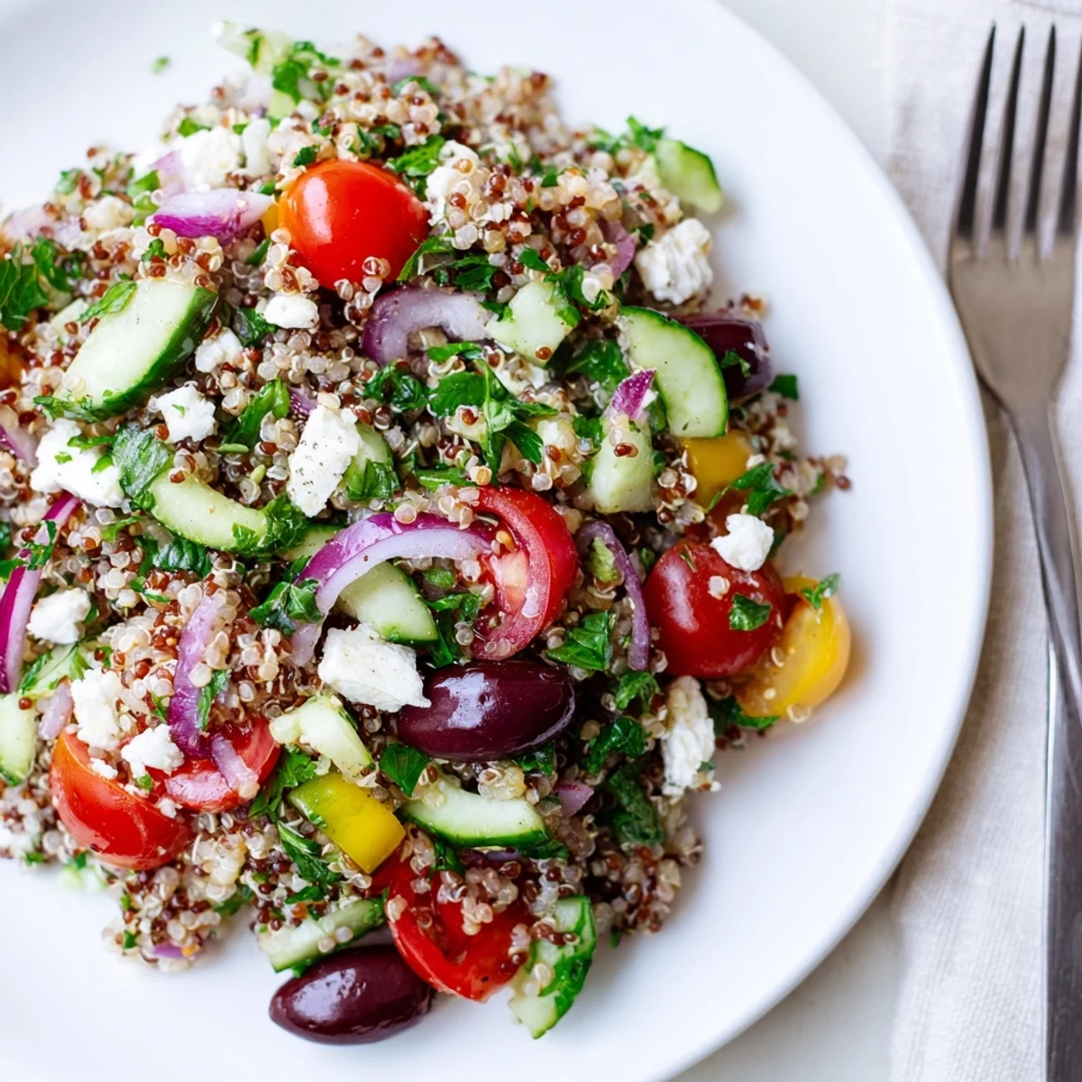 Bright Mediterranean Quinoa Salad with Tomatoes and red bell pepper tossed with zesty lemon-oregano dressing.