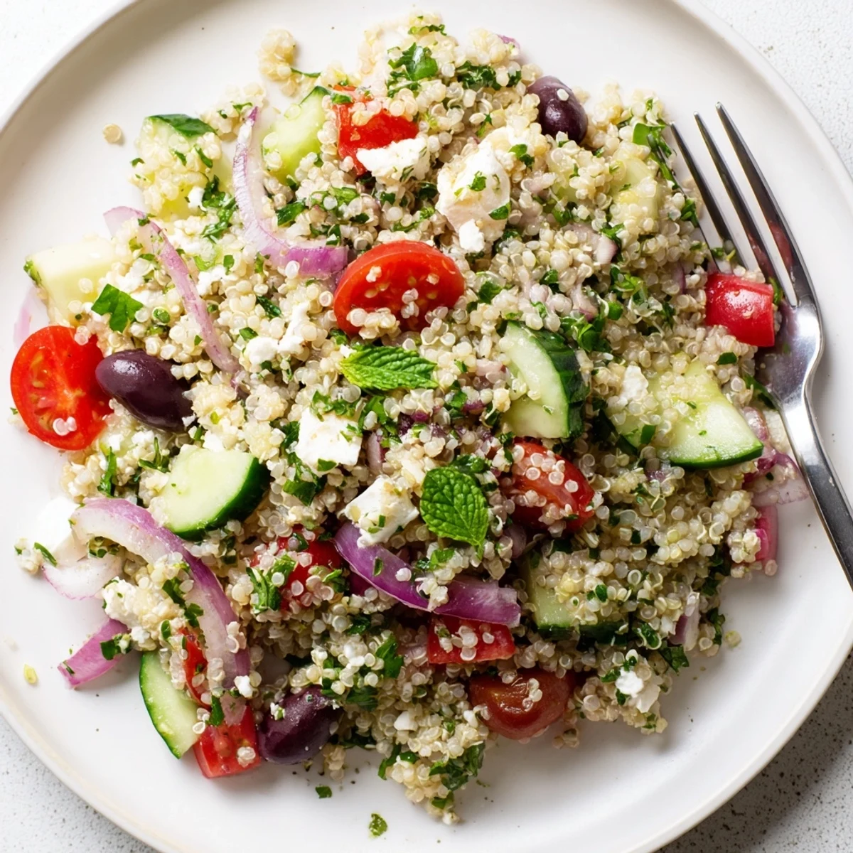 Fork-fluffed Mediterranean Quinoa Salad with Tomatoes, cucumbers, Kalamata olives, and crumbled feta in a rustic bowl.
