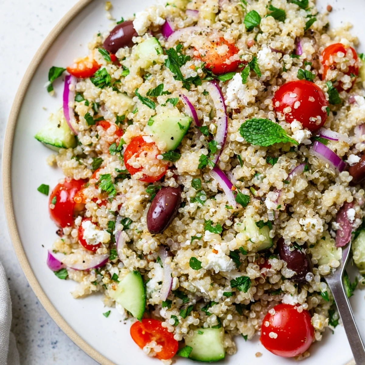 Fluffy Mediterranean Quinoa Salad with Tomatoes, fresh herbs, and cool cucumber ready for a light lunch.