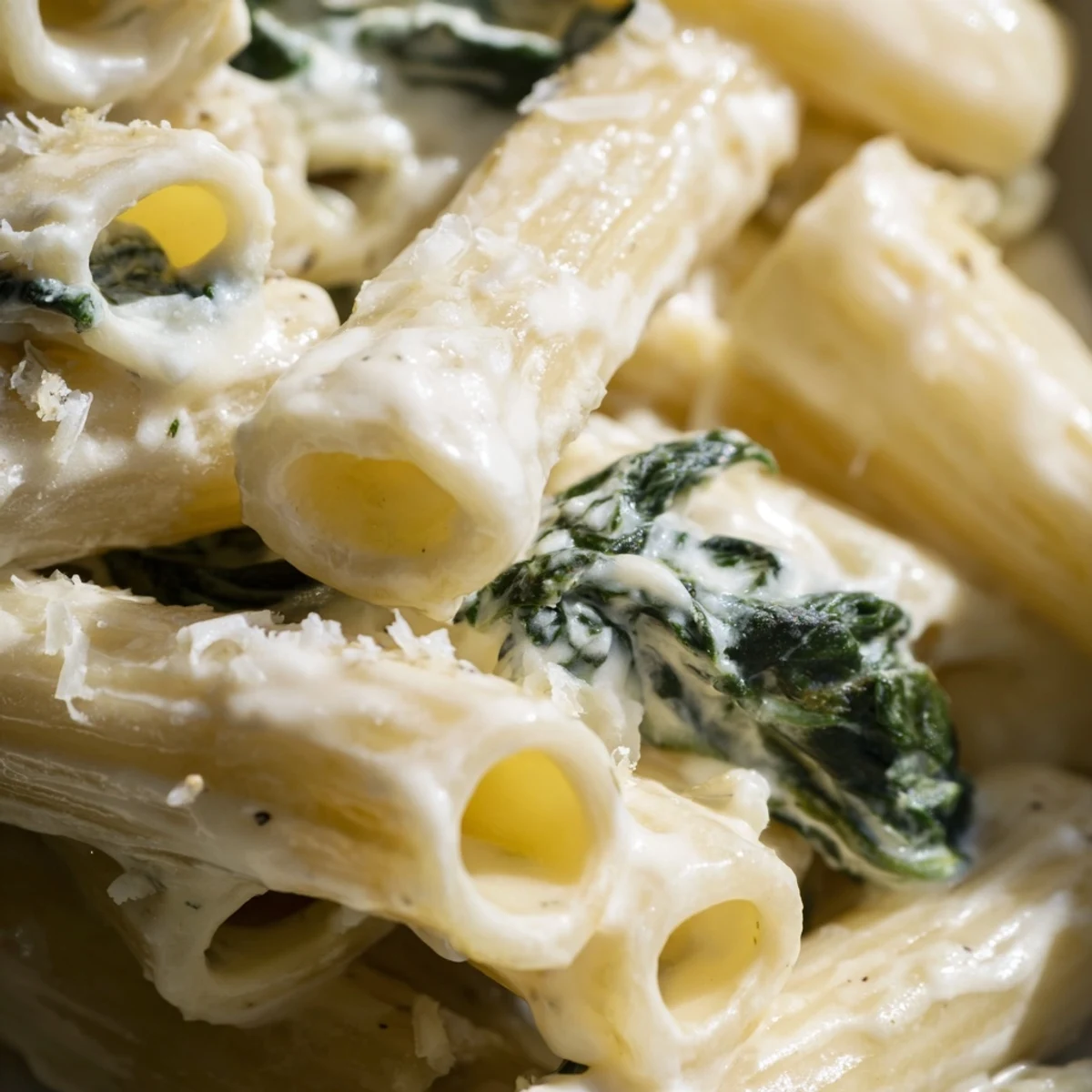 Steaming Creamy Spinach and Cheese Pasta with melted mozzarella and Parmesan, plated on a rustic wooden table for a cozy dinner.