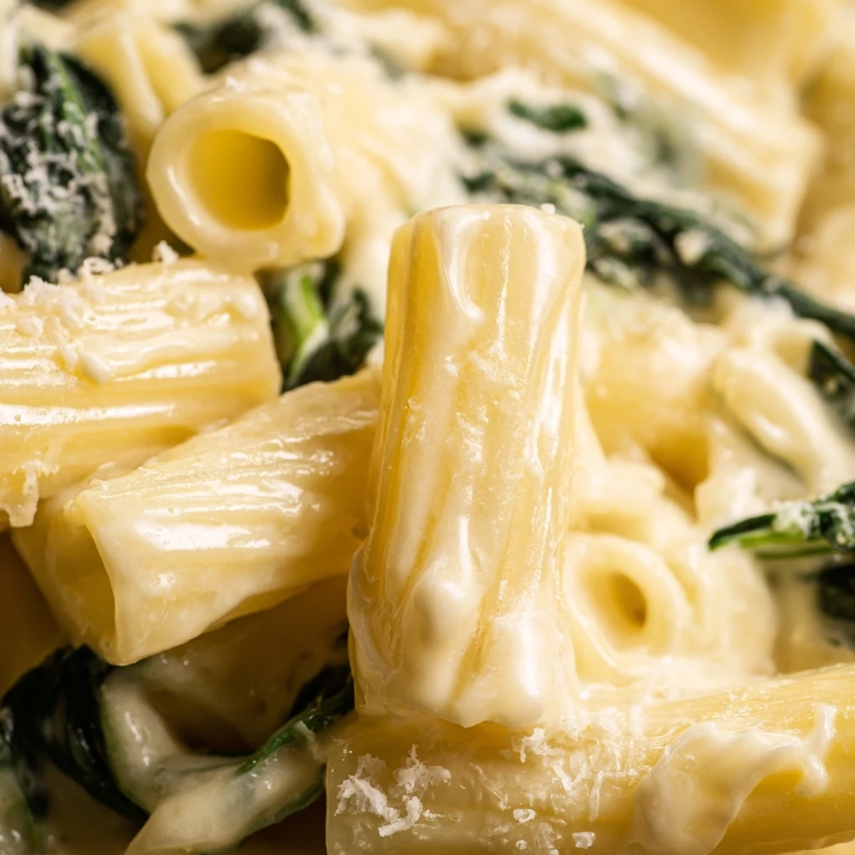 Creamy Spinach and Cheese Pasta served in a white bowl, garnished with fresh parsley and a drizzle of olive oil, ready to eat.