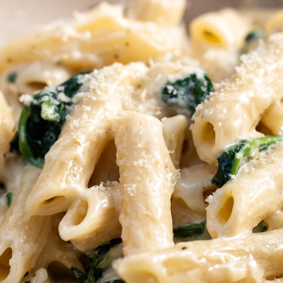 A fork twirls al dente pasta coated in velvety sauce, showcasing the Creamy Spinach and Cheese Pasta close-up.