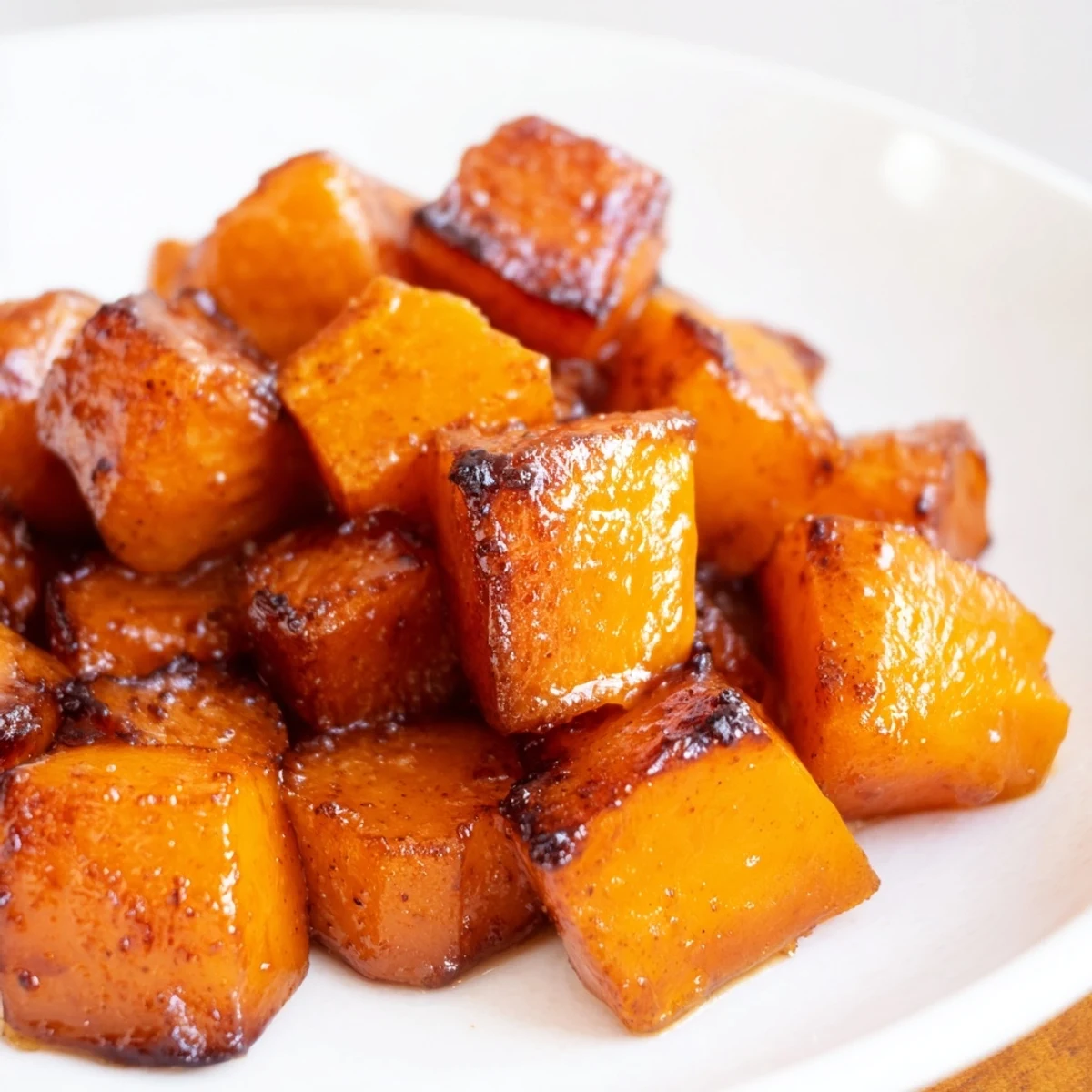 Golden brown roasted squash with brown sugar glaze on a rustic wooden platter, served as a warm autumn side dish.
