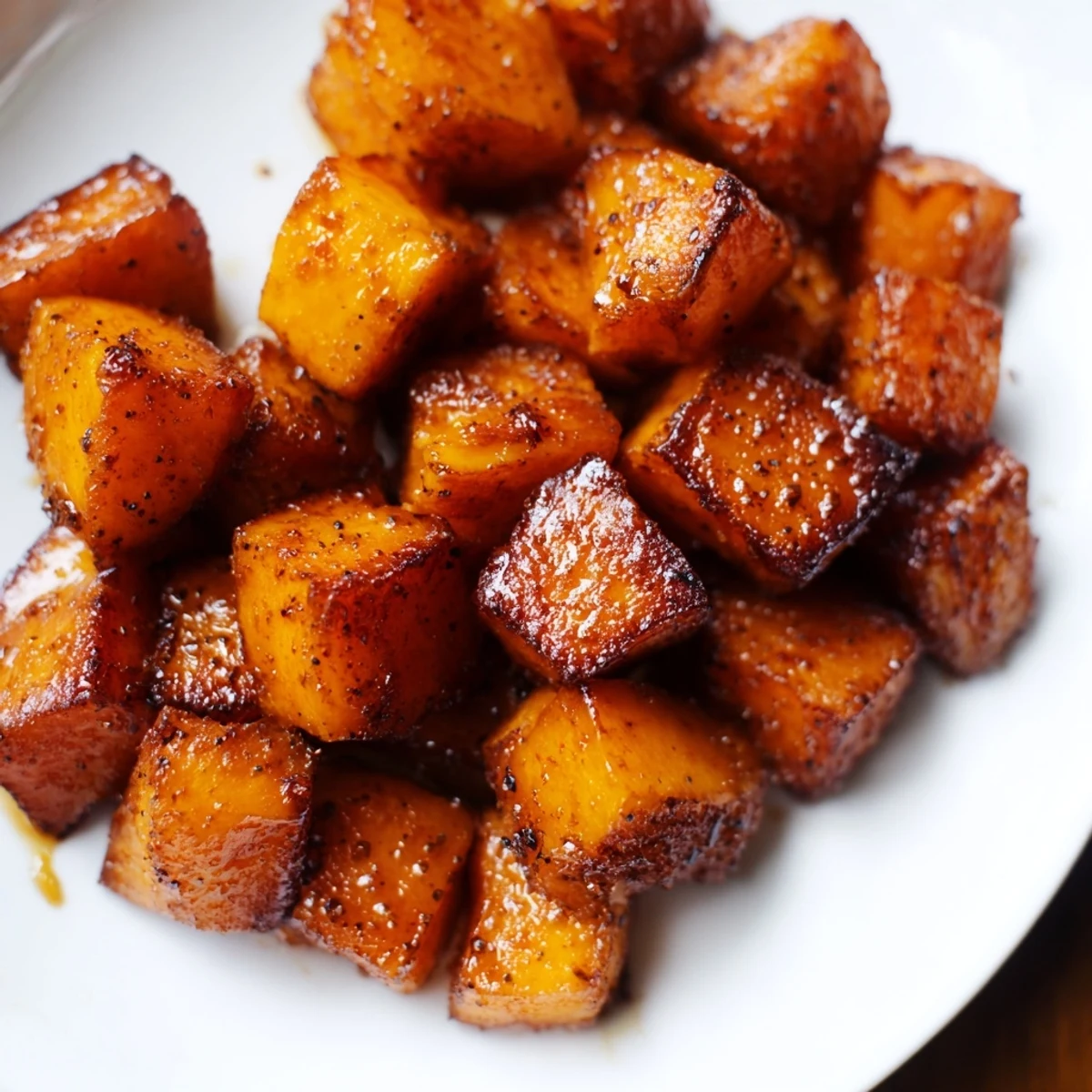 Hearty autumn side dish of tender roasted squash with brown sugar glaze, paired with roasted chicken on a dinner plate.
