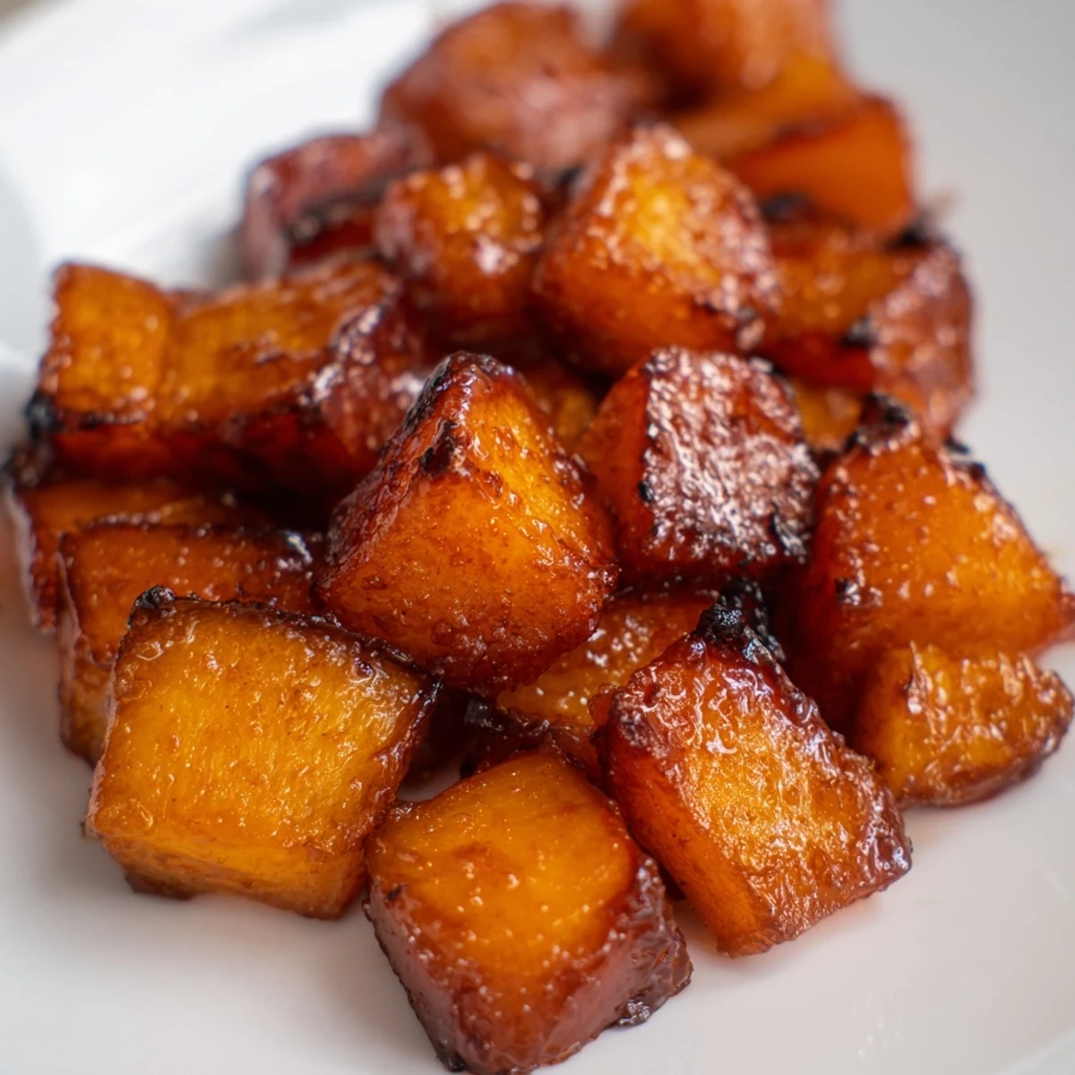 Glistening caramelized butternut squash cubes coated in brown sugar and cinnamon, garnished with fresh herbs on a baking sheet.