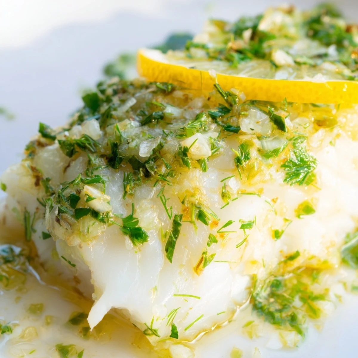 Flaky baked cod with lemon butter sauce garnished with fresh herbs, served alongside steamed green beans and lemon slices.