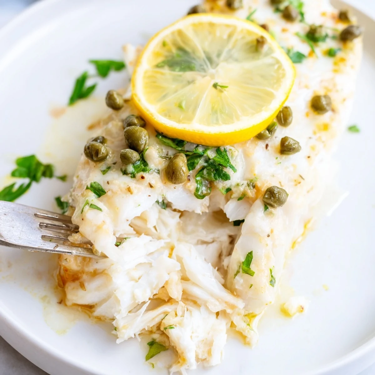 Golden-brown Baked Halibut with Lemon Capers rests in a baking dish, flaked and tender with a glossy, zesty sauce and fresh parsley garnish.