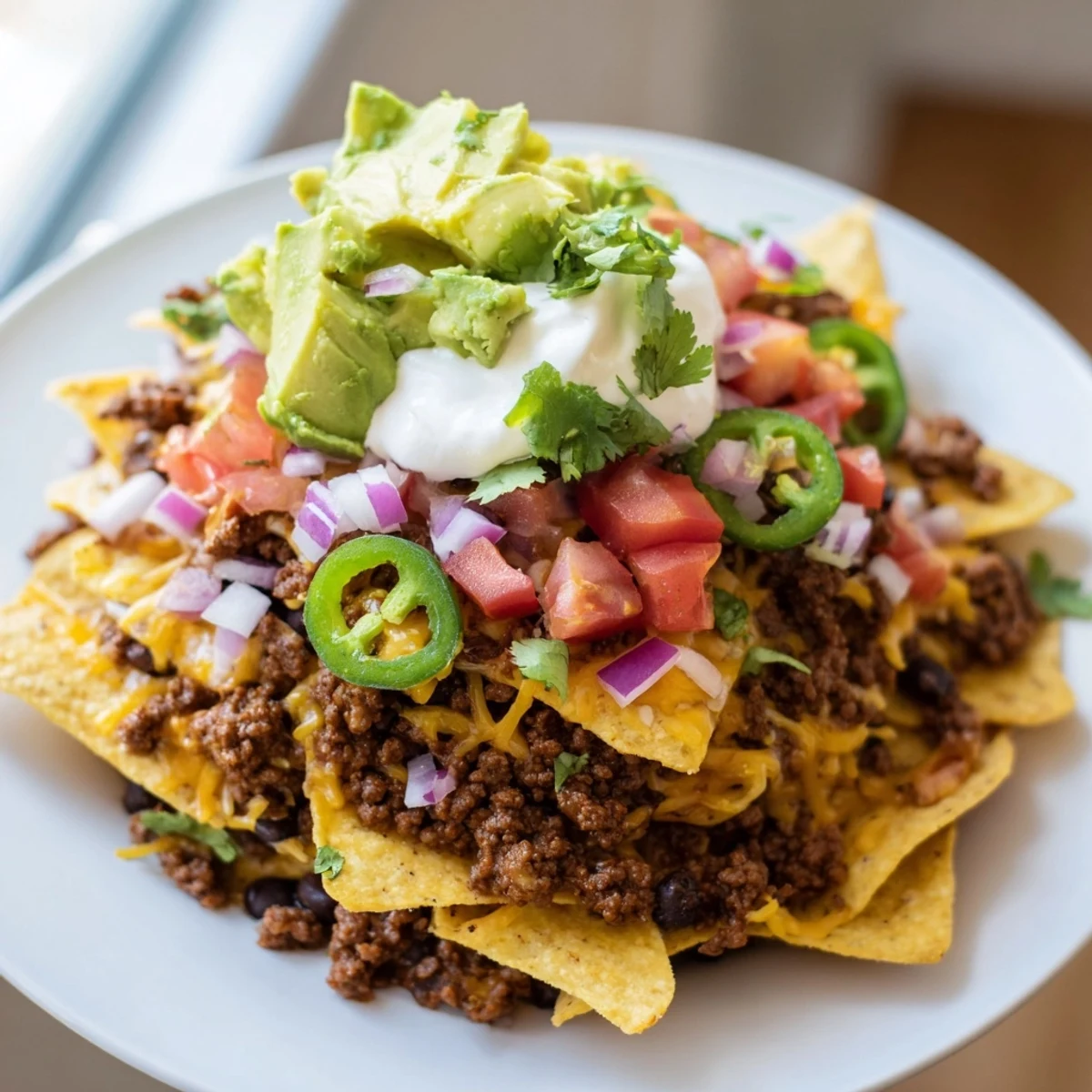 Crunchy tortilla chips piled high with seasoned ground beef, melted cheddar, and hearty black beans for classic Beef Nachos.