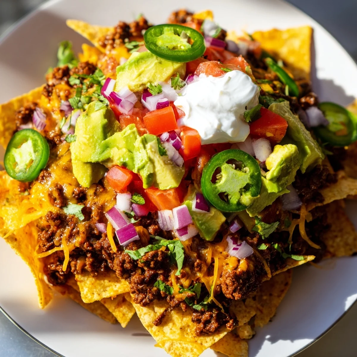 Sizzling hot Beef Nachos with black beans, served on a platter with sour cream and lime wedges for dipping.