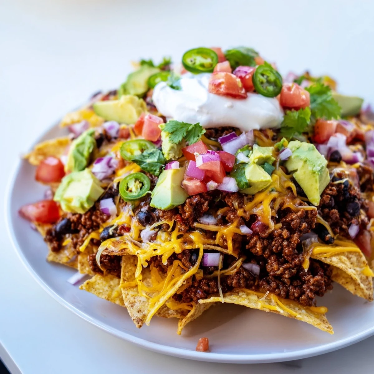 A close-up of cheesy, bubbling Beef Nachos with black beans, topped with diced avocado and fresh cilantro.