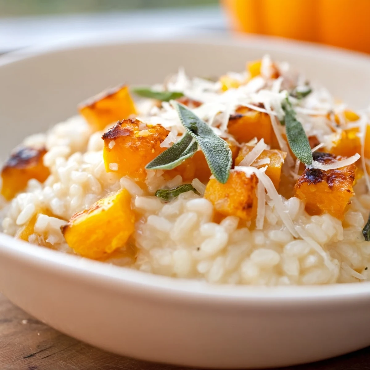 Homemade roasted butternut squash risotto plated beside a glass of crisp white wine, perfect for a cozy vegetarian dinner for four.