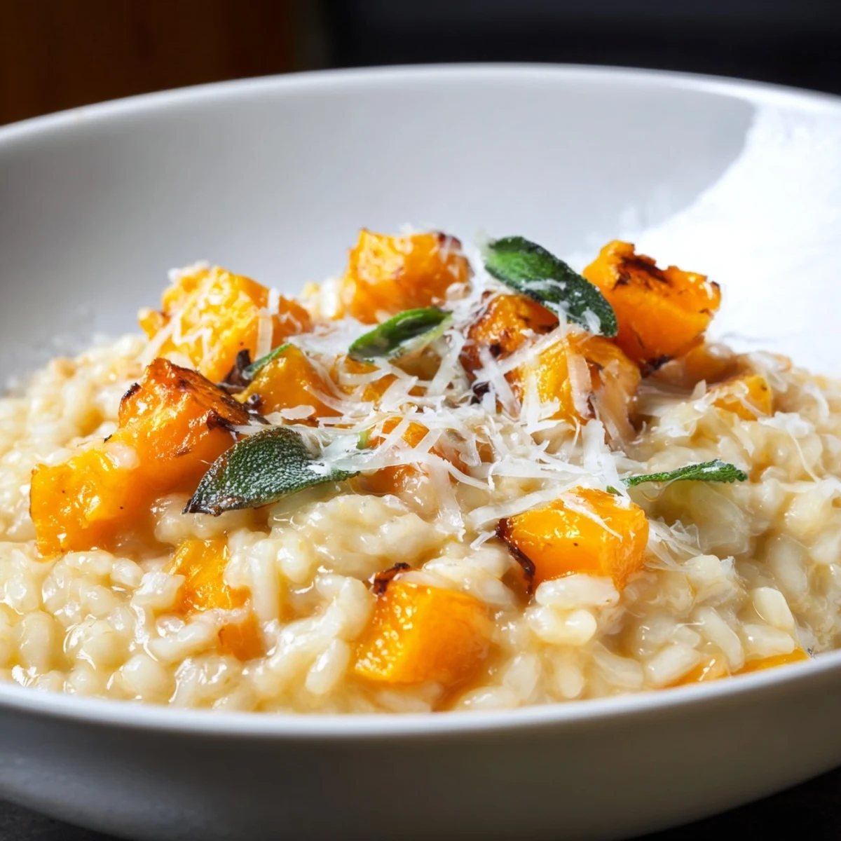 Golden cubes of roasted butternut squash are folded into creamy Arborio rice, garnished with fresh sage and a generous shave of Parmesan cheese.