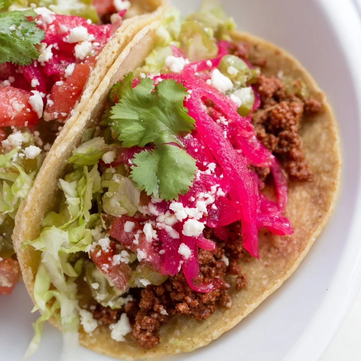 Golden beef filling inside soft tortillas topped with bright pink pickled onions and diced tomatoes for color.