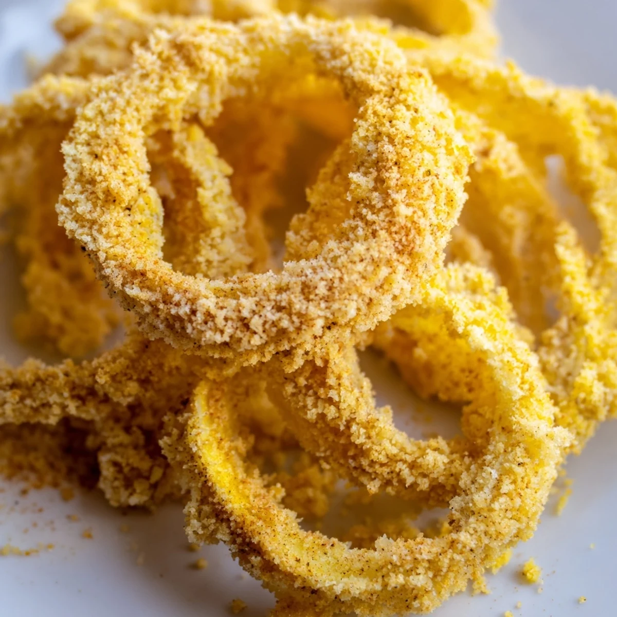 Golden Crispy Baked Onion Rings served hot on a plate, ready for dipping into creamy ranch dressing.