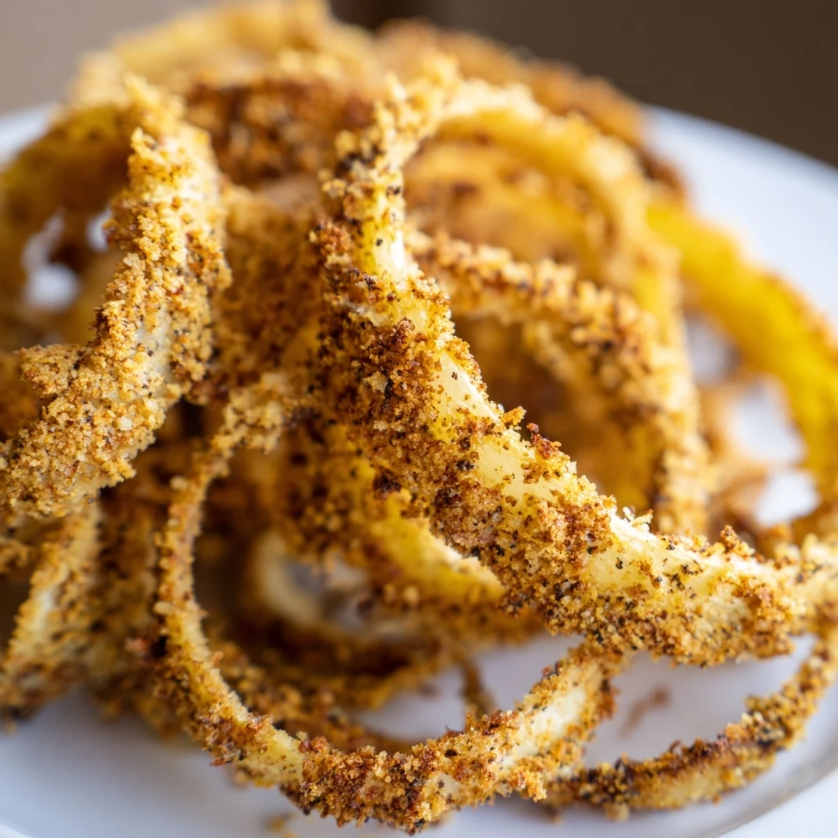 Homemade Crispy Baked Onion Rings with a perfectly crisp texture, showing off the tender sweet onion inside.