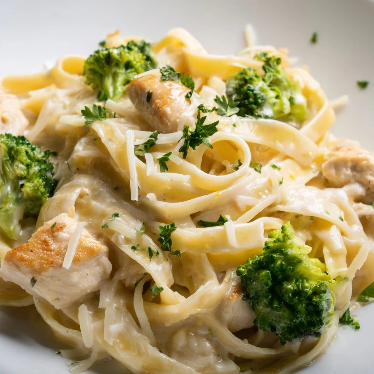Steaming Chicken Alfredo with Broccoli features golden chicken, crisp broccoli florets, and a rich white sauce in a skillet.
