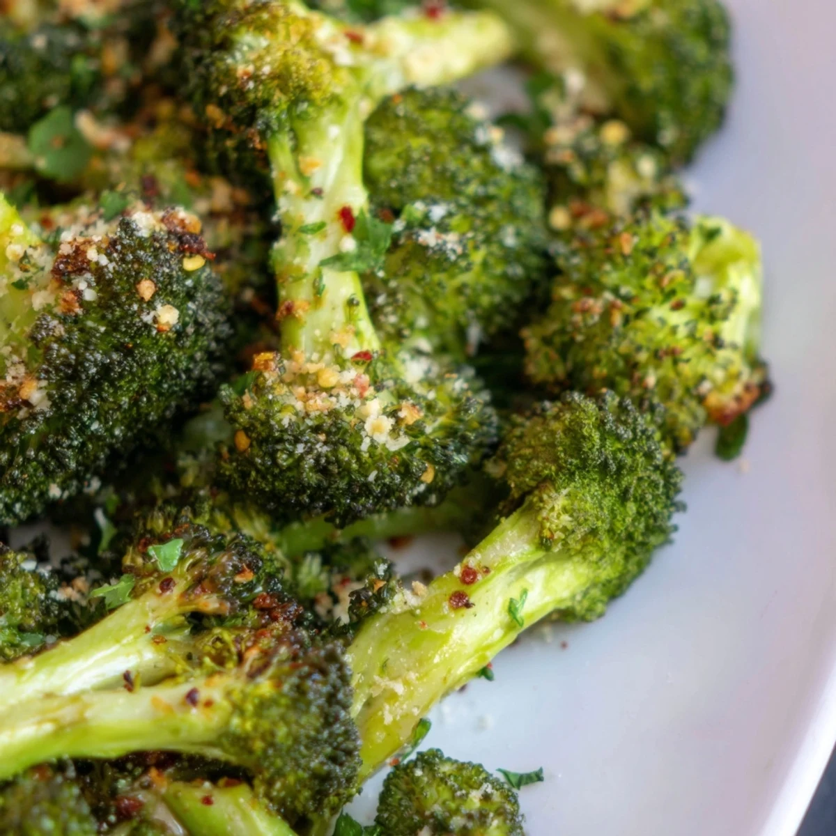 Bright green Lemon Garlic Roasted Broccoli florets with crispy golden edges on a serving platter.