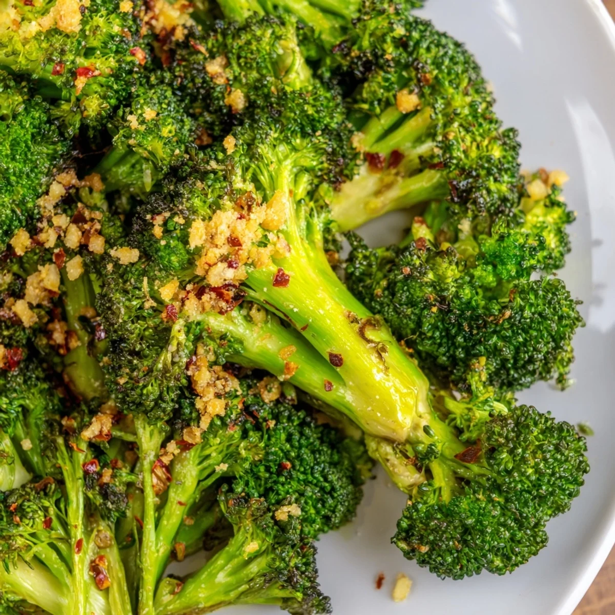 Freshly roasted Lemon Garlic Roasted Broccoli with garlic and red pepper flakes, garnished with parsley.