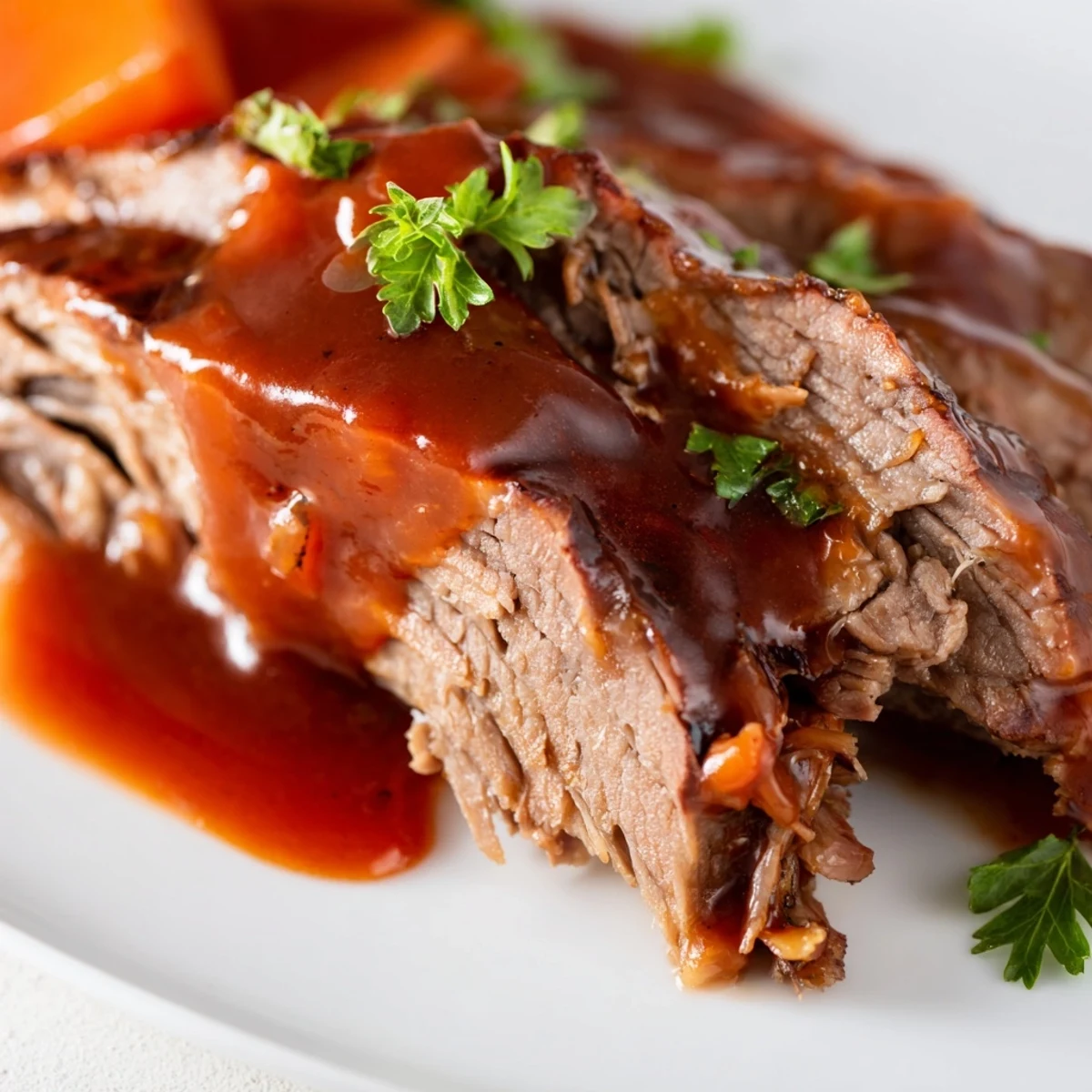Slow cooker beef brisket served family-style on white plates, paired with mashed potatoes and colorful roasted vegetables for a comforting meal.