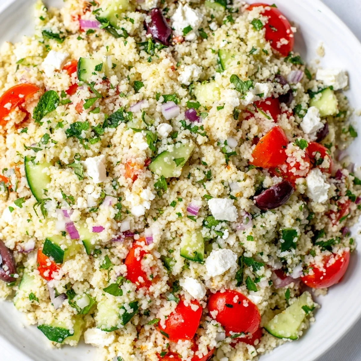 Fresh Mediterranean Couscous Salad in a white bowl, loaded with red cherry tomatoes, cucumber cubes, and crumbled feta cheese with olives.