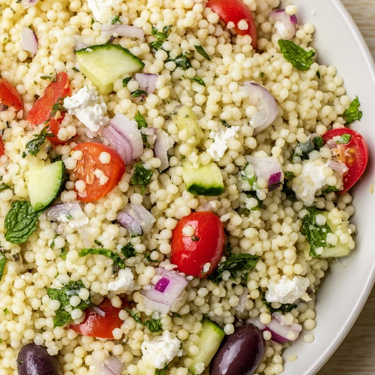 Healthy Mediterranean Couscous Salad close-up, showcasing diced red bell pepper, red onion, and glistening lemon-olive oil dressing over fluffy grains.