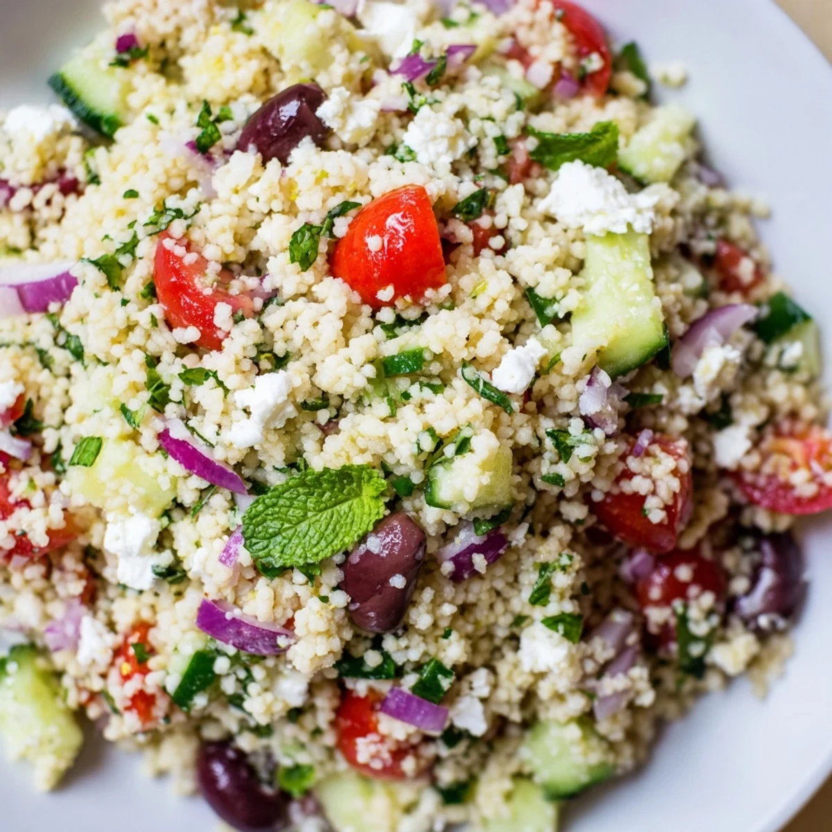 Vibrant Mediterranean Couscous Salad tossed with herbs, ready to serve at a sunny picnic with a wooden fork for easy eating.