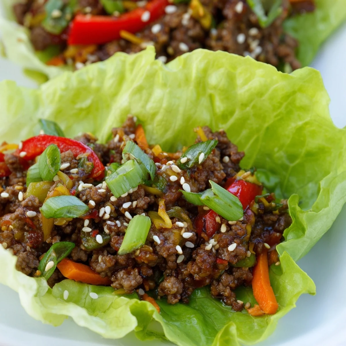 Golden-brown ground beef sautéed with diced vegetables sits inside crisp butter lettuce cups, drizzled with glossy hoisin sauce and sprinkled with green onions and sesame seeds, served on a platter.