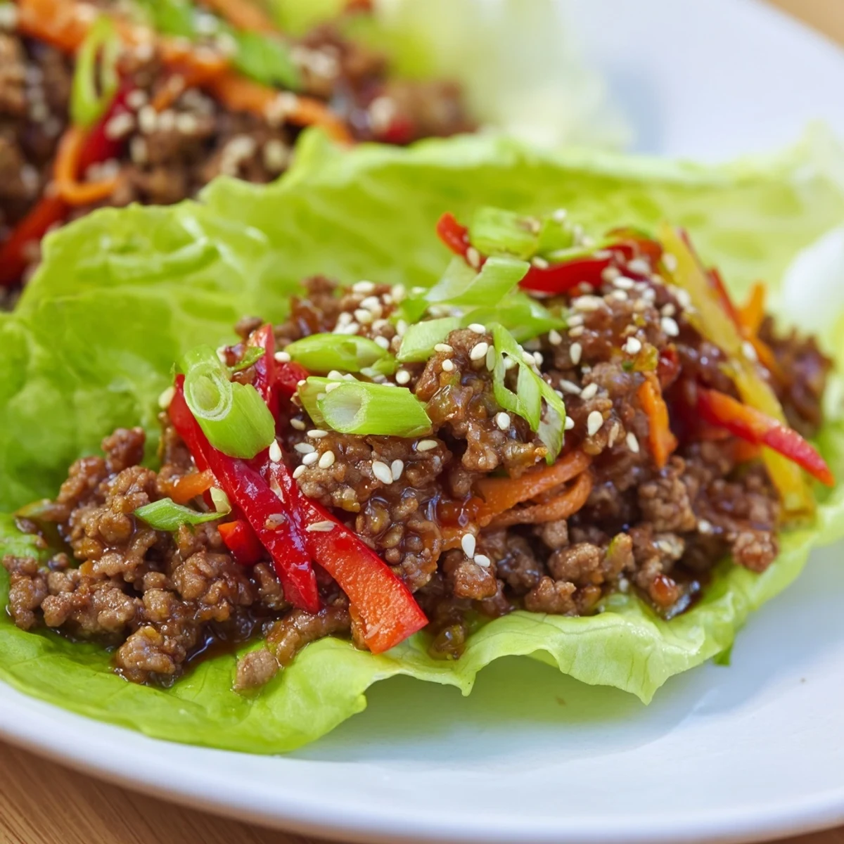 Hearty spoonfuls of savory hoisin beef mixture, flecked with red bell pepper and carrots, cradled by fresh green lettuce leaves ready for a satisfying handheld bite.