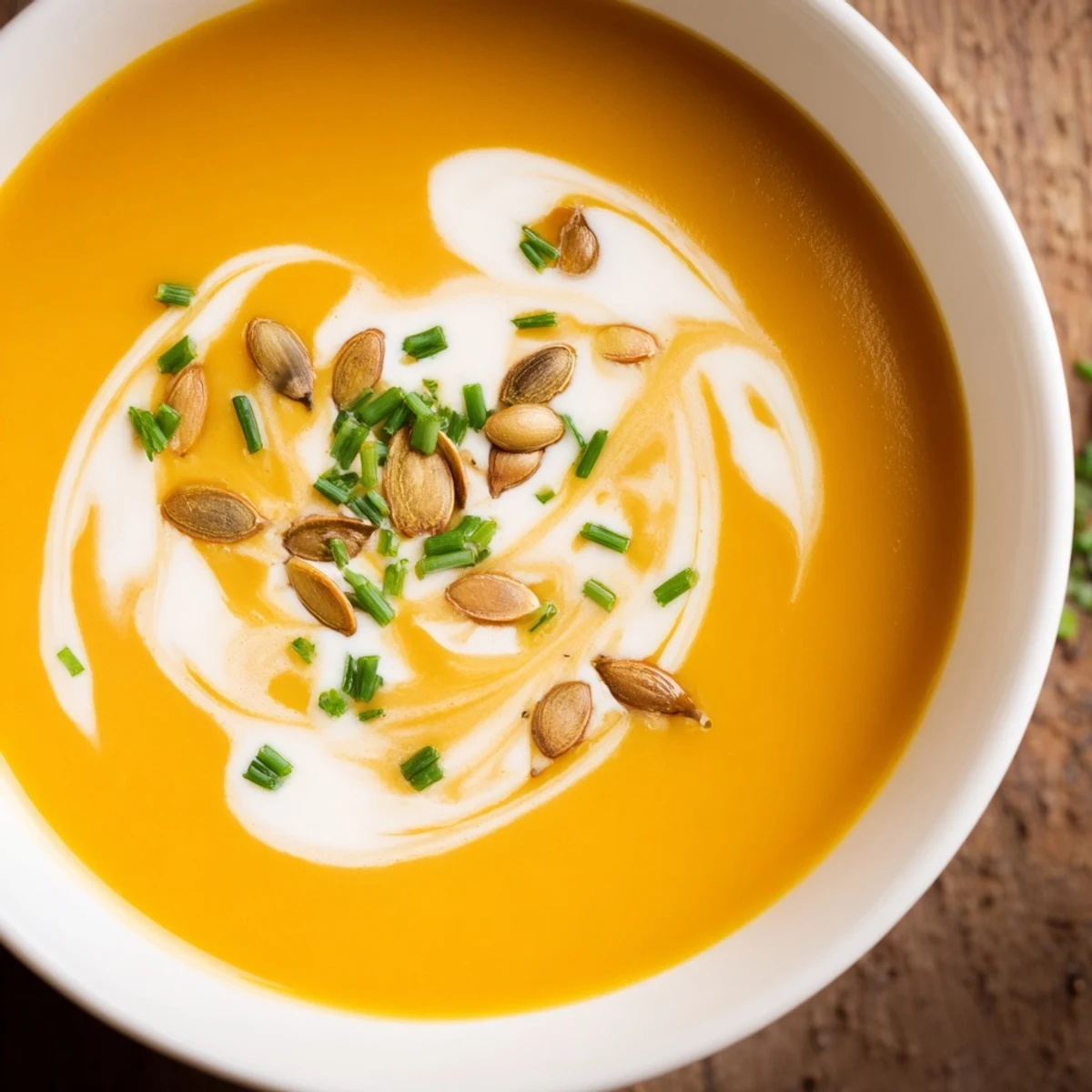 Creamy Winter Squash Soup with Apple served warm, garnished with toasted pepitas and fresh herbs.