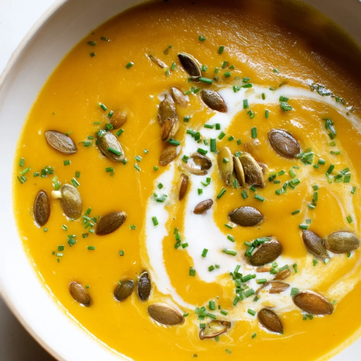 Ladle of rich Winter Squash Soup with Apple beside crusty bread, perfect for a chilly autumn dinner.