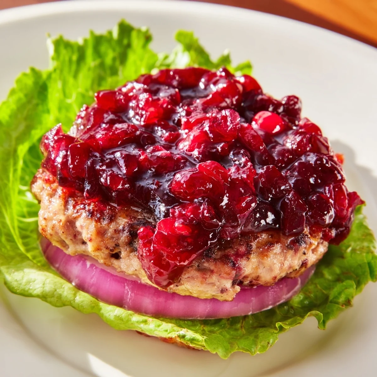Golden-brown turkey burgers topped with tangy cranberry sauce on a plate, ready for a festive dinner.