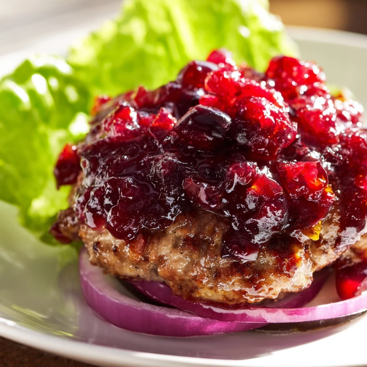 Juicy turkey burgers with cranberry sauce are served on toasted buns with fresh lettuce and red onion slices.
